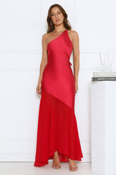 Rosé Nights One Shoulder Satin Maxi Dress Red
